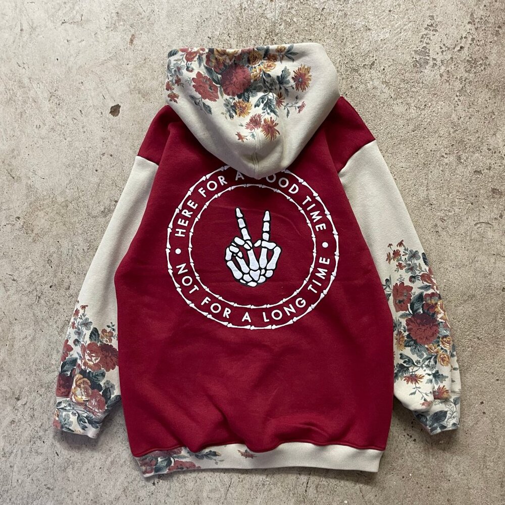 Here for a Good Time, Not For a Long Time Red Floral Hoodie Rework Sweatshirt L - Picture 2 of 4